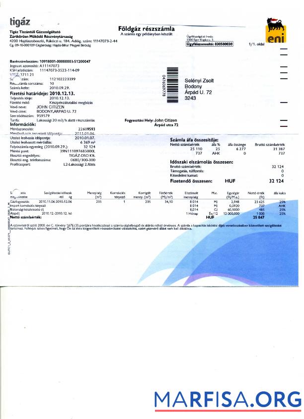 Realistic Hungary Tigáz utility bill in PSD format real example